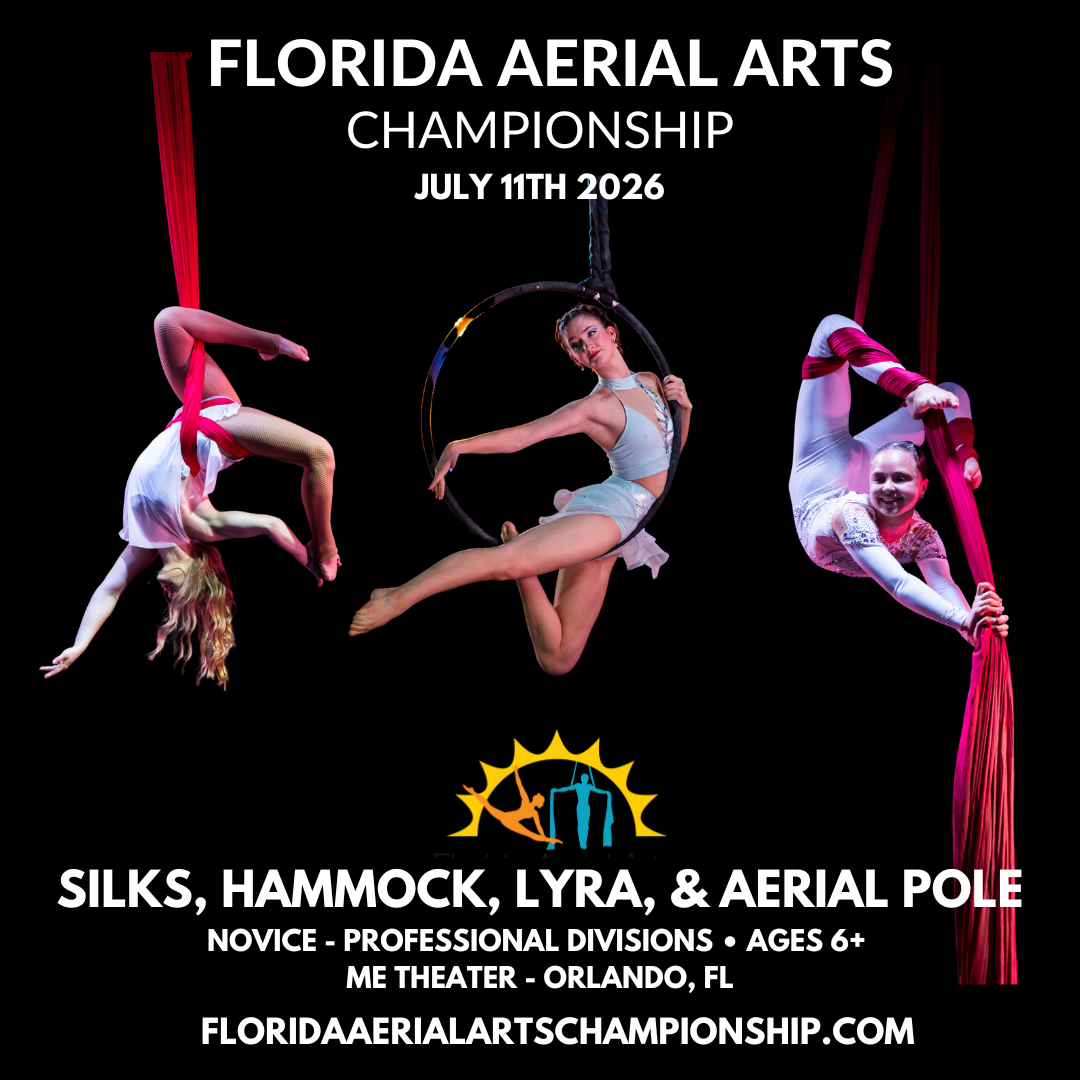 Florida Aerial Arts Championship 2026 flyer for July 11 at M.E. Theatre Orlando