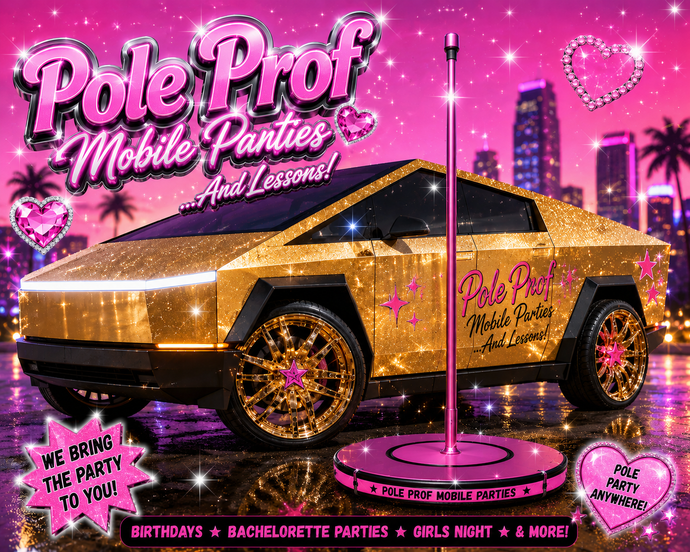 Pole Prof mobile pole party setup with a professional stage pole