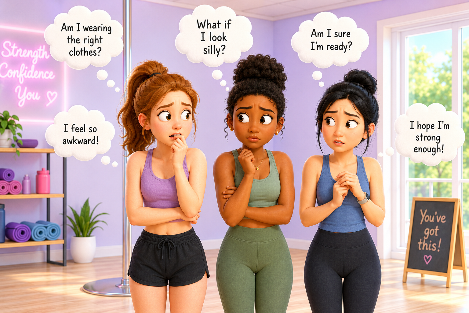Three new pole students in a studio with nervous first-lesson questions in thought bubbles